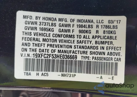 2017 Honda Civic Lx z USA, uszkodzony, nr VIN 19XFC2F53HE036669